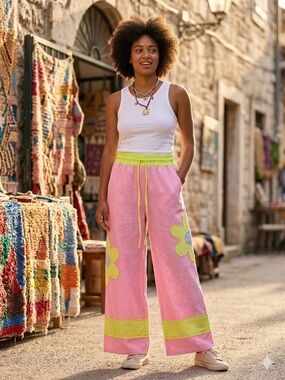 SAGE + FIG Pink Wide-Leg Pants with Neon Trim and Flower Patches 100% Cotton